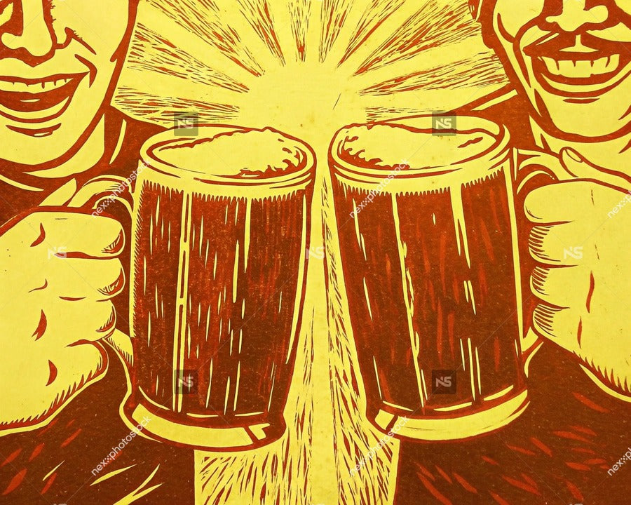 Two People Holding Mugs Of Beer Making A Toast With Their Fists Raised In A Celebratory Manner — Stock Illustration