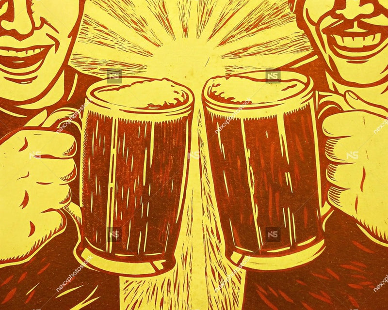 Two People Holding Mugs Of Beer Making A Toast With Their Fists Raised In A Celebratory Manner — Stock Illustration