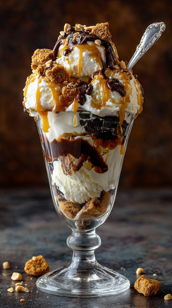 A Scoop Of Chocolate Ice Cream Topped With Caramel Sauce And Whipped Cream Served In A Glass Dish On A Table — Stock Photo