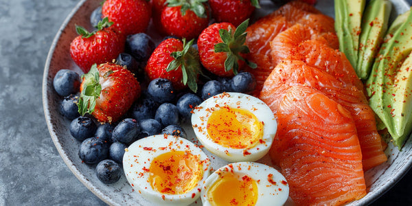 Breakfast Platter With Smoked Salmon Boiled Eggs Blueberries Red Strawberries And Seasoning On A Gray Plate — Stock Photo