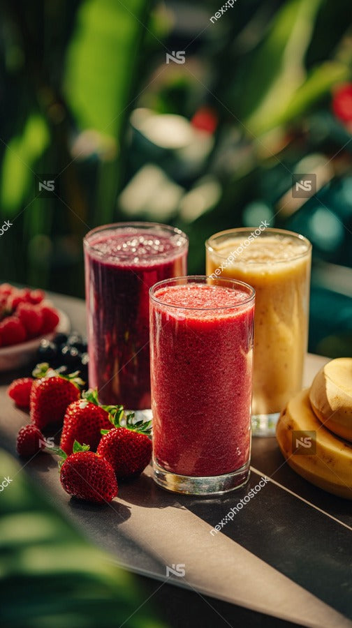 Three Fresh Fruit Smoothies With Berries And Yogurt Displayed On A Tray In Front Of A Potted Plant — Stock Photo