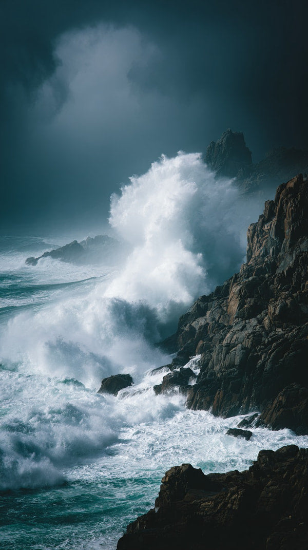 A Powerful Ocean Wave Crashing Against Rocky Cliffs With Dark Clouds Looming In The Background — Stock Photo