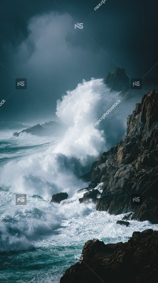 A Powerful Ocean Wave Crashing Against Rocky Cliffs With Dark Clouds Looming In The Background — Stock Photo