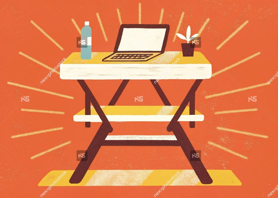 A Laptop On A Table Set Against A Backdrop Of A Wooden Easel And A Desk Lamp — Stock Illustration