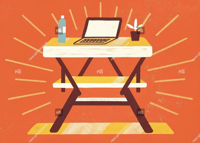A Laptop On A Table Set Against A Backdrop Of A Wooden Easel And A Desk Lamp — Stock Illustration