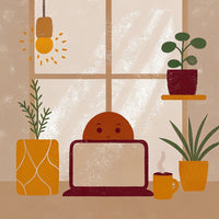 A Cozy Home Office Setup With A Laptop Potted Plants And A Cartoon Character Sitting In Front Of It — Stock Illustration