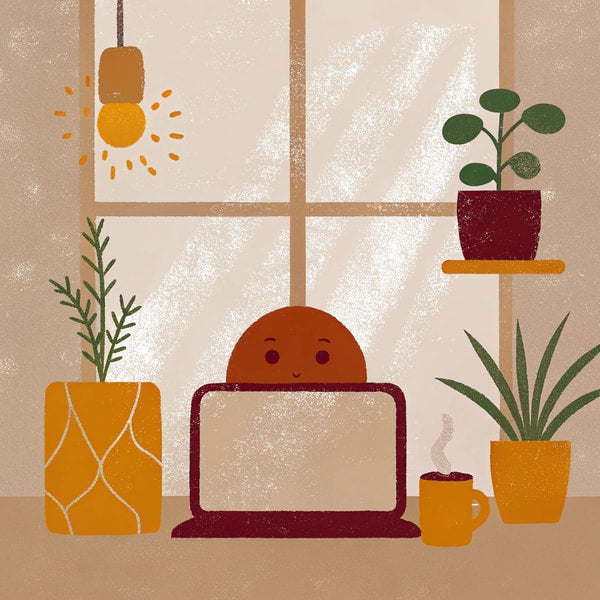 A Cozy Home Office Setup With A Laptop Potted Plants And A Cartoon Character Sitting In Front Of It — Stock Illustration