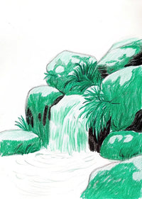A Waterfall Cascading Through A Rocky Forest Landscape — Stock Illustration