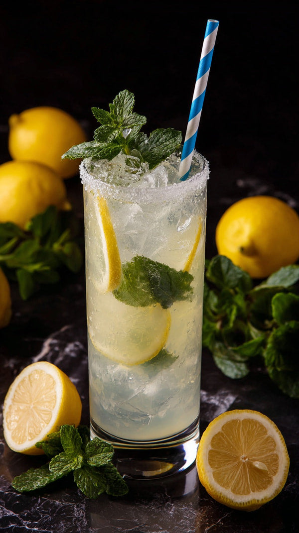 Mint Mojito Cocktail With Lemon Garnish And A Blue Straw In A Glass On A Table With Sliced Lemons Around It — Stock Photo