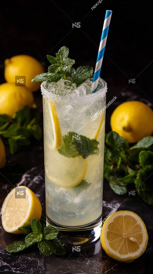 Mint Mojito Cocktail With Lemon Garnish And A Blue Straw In A Glass On A Table With Sliced Lemons Around It — Stock Photo