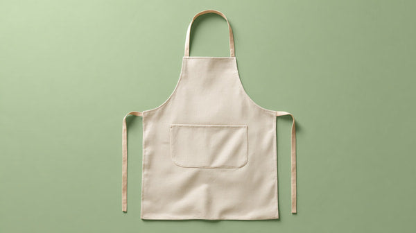 A Beige Apron With Tan Straps In A Studio Setting Placed On A Green Surface Against A Light Background — Stock Photo