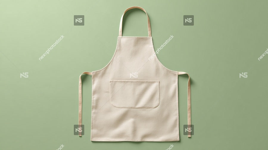 A Beige Apron With Tan Straps In A Studio Setting Placed On A Green Surface Against A Light Background — Stock Photo