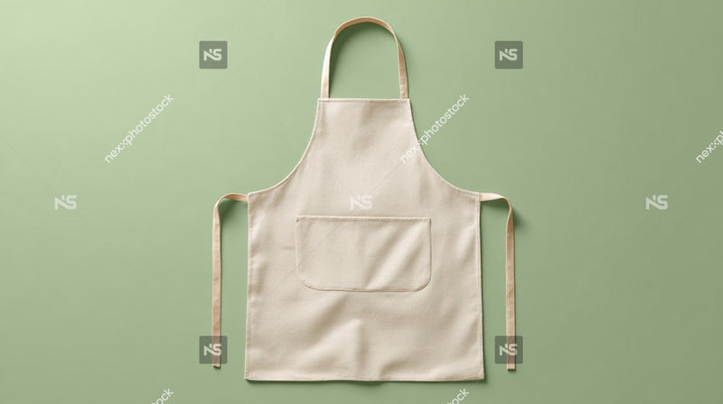 A Beige Apron With Tan Straps In A Studio Setting Placed On A Green Surface Against A Light Background — Stock Photo