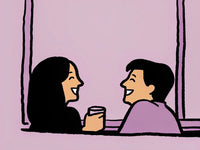 A Cartoon Of Two People Sitting Together Sharing A Moment With One Person Holding A Cup And Smiling — Stock Illustration