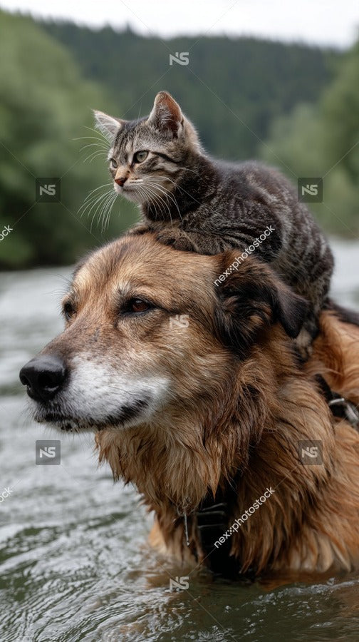 A Cat Riding On A Dog S Back In A River — Stock Photo