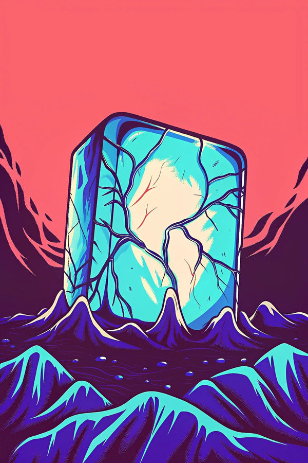 Digital Illustration Of A Large Cracked Iceberg In The Center Of A Mountainous Landscape Set Against A Red And Purple Sky — Stock Illustration