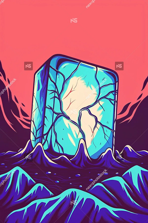 Digital Illustration Of A Large Cracked Iceberg In The Center Of A Mountainous Landscape Set Against A Red And Purple Sky — Stock Illustration