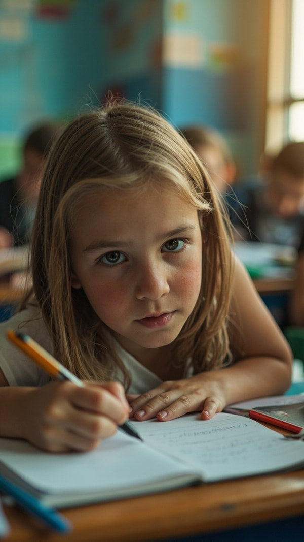A Young Girl Is Seated At A Desk Engrossed In Writing In Her School Notebook — Stock Photo