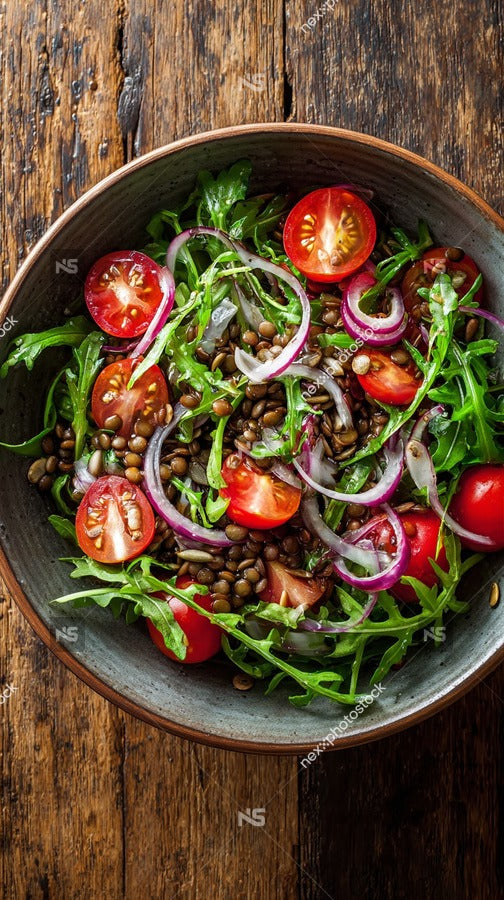 A Bowl Of Salad With Tomatoes Greens And Red Onions On A Wooden Table — Stock Photo