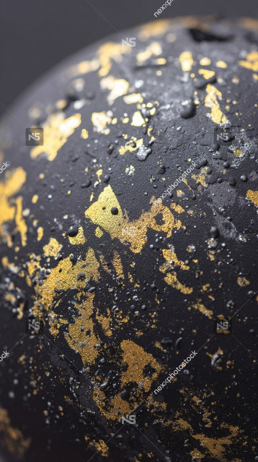 A Close Up Of A Black And Gold Speckled Sphere With A Glossy Finish Set Against A Dark Background — Stock Photo