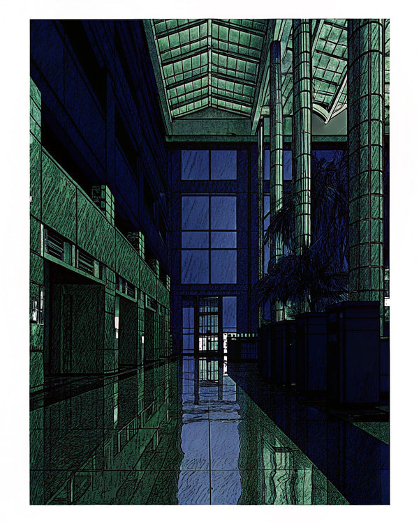 Architectural Interior Hallway With A Blue Tint A Long Corridor With High Ceilings And Large Windows Illuminated By Natural Light — Stock Illustration