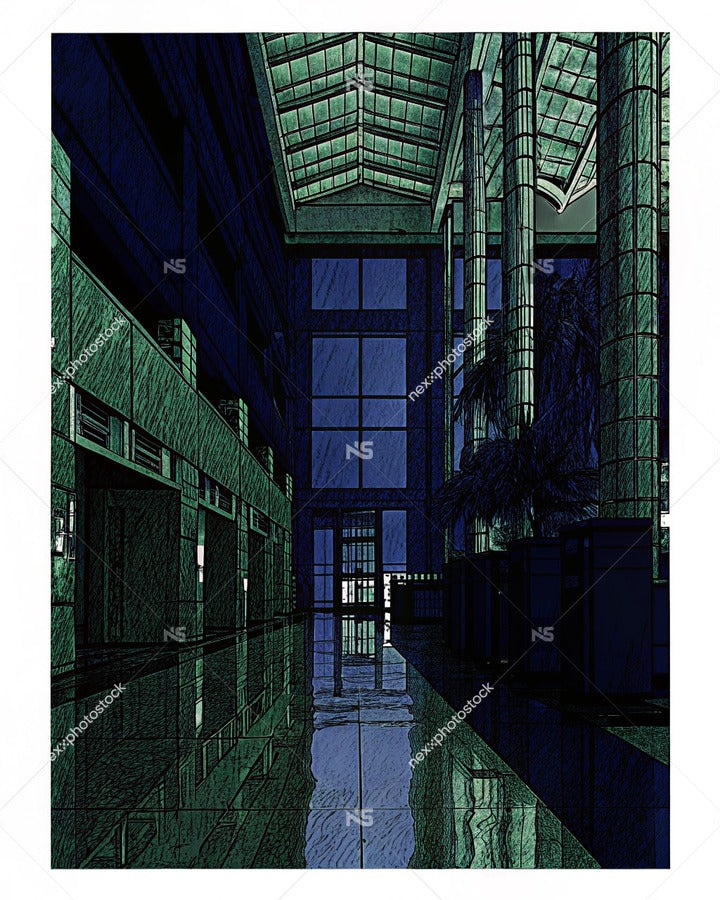 Architectural Interior Hallway With A Blue Tint A Long Corridor With High Ceilings And Large Windows Illuminated By Natural Light — Stock Illustration