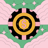 Black And White Illustration Of A Coin With The Dollar Sign In The Center Surrounded By Colorful Abstract Shapes And Patterns — Stock Vector