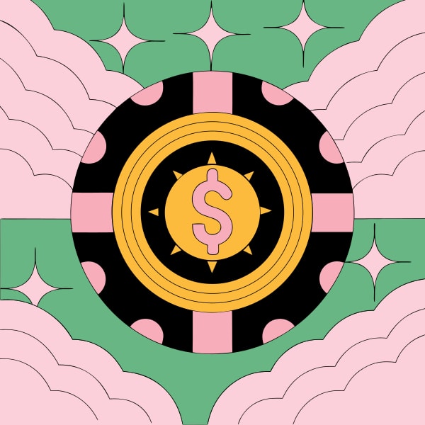 Black And White Illustration Of A Coin With The Dollar Sign In The Center Surrounded By Colorful Abstract Shapes And Patterns — Stock Vector