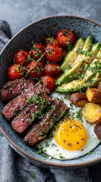 A Plate Of Food With A Steak Fried Egg Avocado Slices Cherry Tomatoes And Diced Potatoes — Stock Photo
