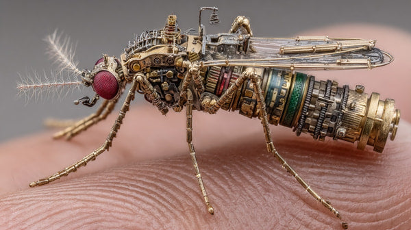 Gold Plated Robotic Insect With Intricate Mechanical Components Including A Small Propeller And Antennae Displayed On A Human Hand — Stock Photo