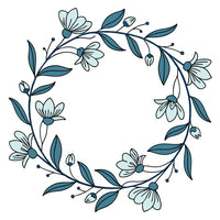 A Blue Floral Wreath With A Circular Shape Various Flowers And Leaves In A Decorative Arrangement — Stock Vector