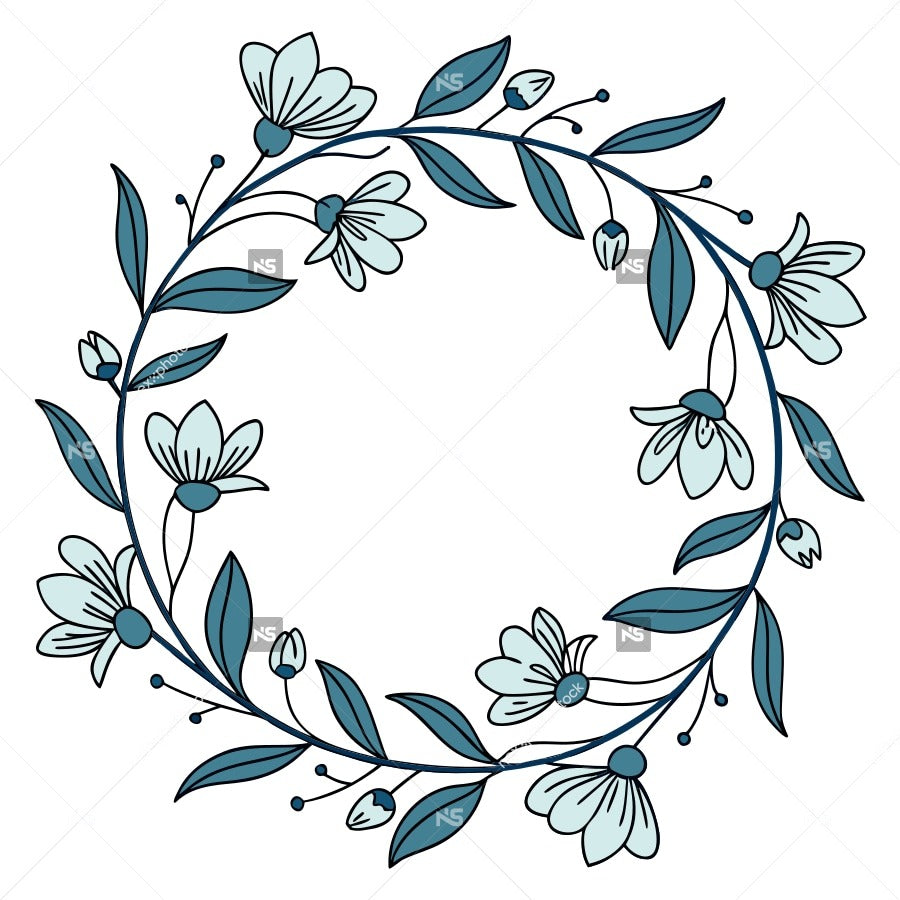 A Blue Floral Wreath With A Circular Shape Various Flowers And Leaves In A Decorative Arrangement — Stock Vector