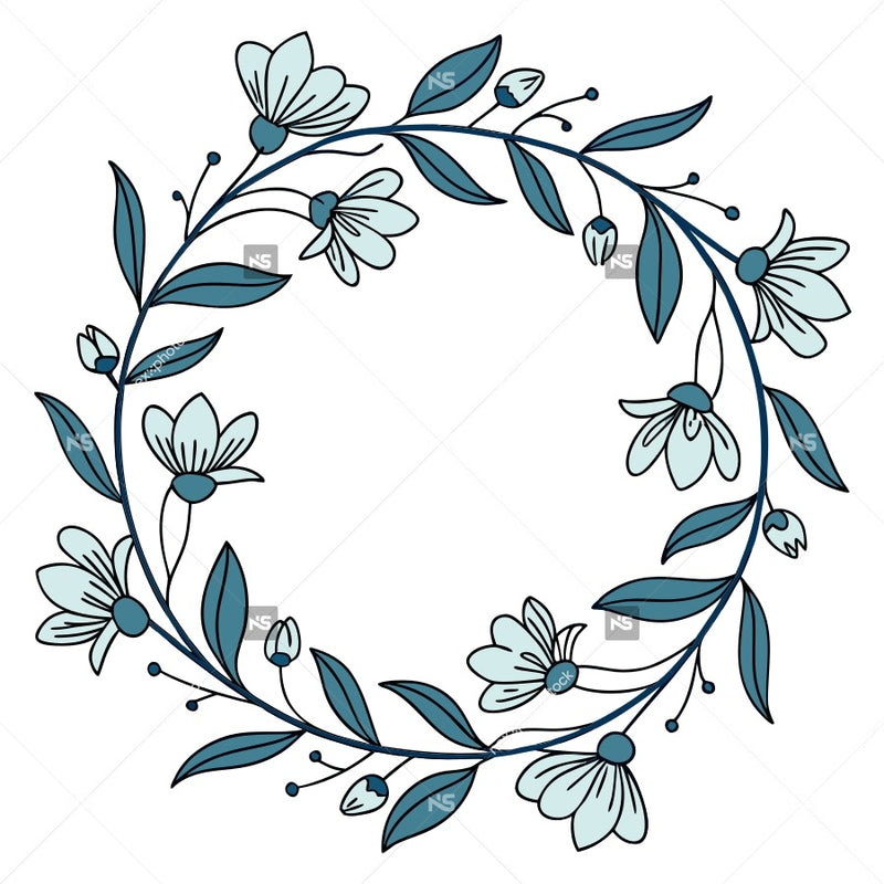 A Blue Floral Wreath With A Circular Shape Various Flowers And Leaves In A Decorative Arrangement — Stock Vector