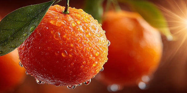 Close Up Of Three Oranges With Droplets Of Water On Them Against A Blurred Background — Stock Photo