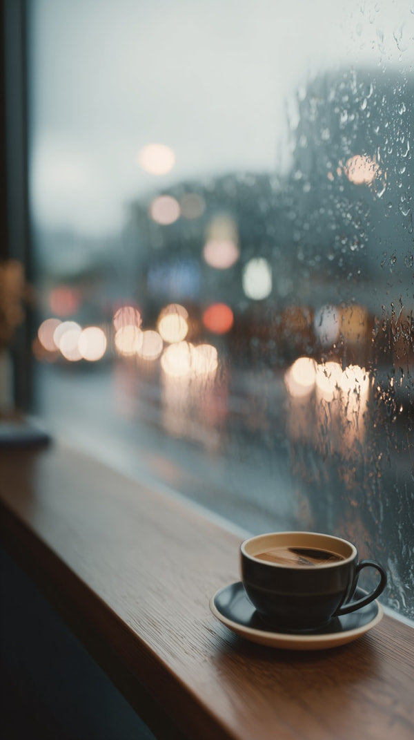 A Rainy City Night View With A Window Overlooking A Street A Cup Of Coffee On A Wooden Surface In The Foreground — Stock Photo