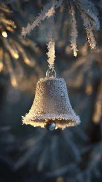 A Snow Covered Bell Decoration Hangs From A Tree Branch Suspended By A String Of Lights — Stock Photo