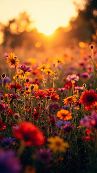 A Field Of Colorful Wildflowers Bathed In The Warm Glow Of A Vibrant Sunset — Stock Photo