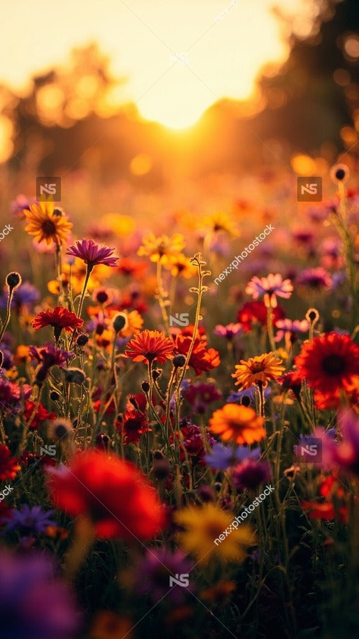 A Field Of Colorful Wildflowers Bathed In The Warm Glow Of A Vibrant Sunset — Stock Photo