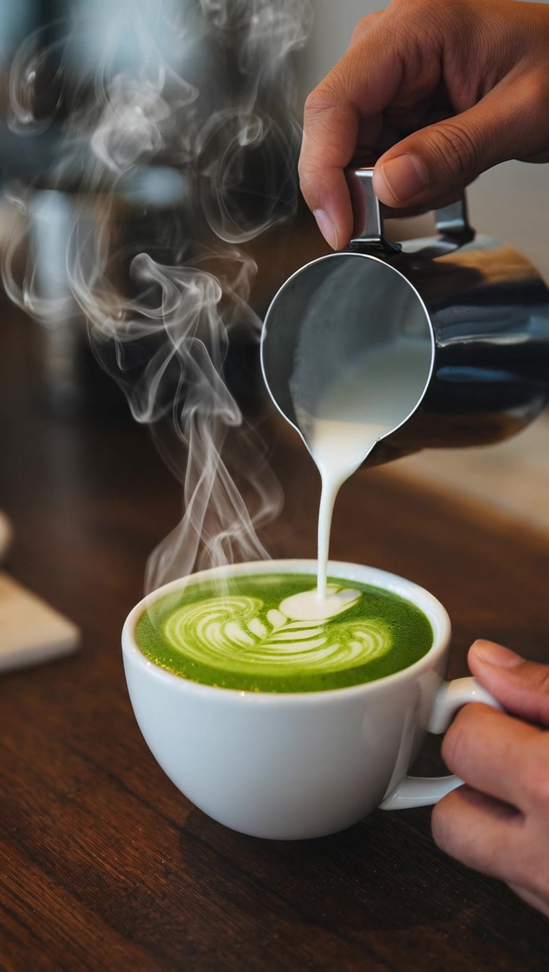 a person pouring green tea from a teapot into a cup with steam rising from the hot liquid - Stock Video