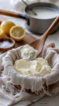 A Wooden Spoon Is Stirring Creamy Cheese In A Bowl With A Backdrop Of Lemons And A Jar Of Honey — Stock Photo