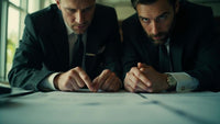 shows two men dressed in suits standing side by side and looking down at a table with papers on it - Stock Video