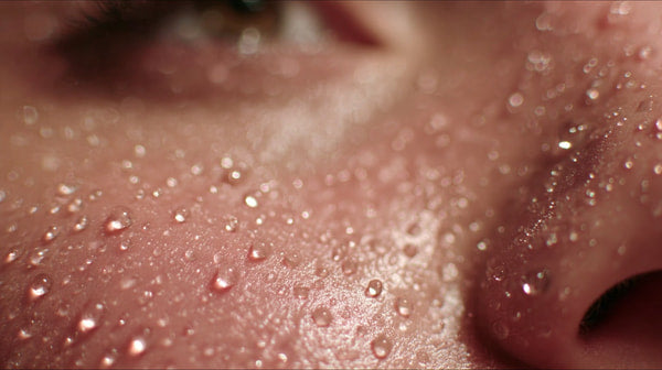 Close Up Of A Person S Face With Droplets Of Water Sweat Visible On It Emphasizing The Texture And Detail Of The Skin — Stock Photo