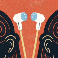 A Pair Of Earbuds With Blue Earpieces One In Each Hand Against A Red Background — Stock Illustration
