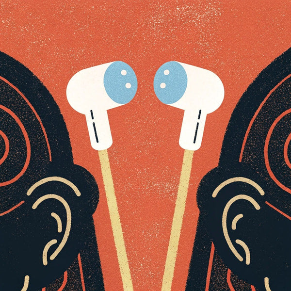 A Pair Of Earbuds With Blue Earpieces One In Each Hand Against A Red Background — Stock Illustration