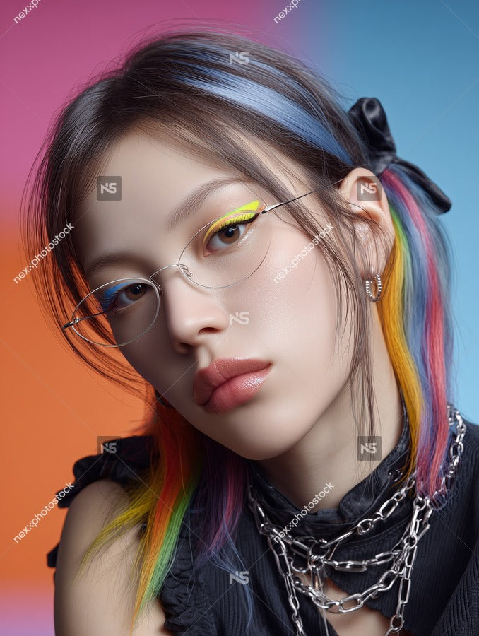 Woman With Colorful Hair And Makeup Wearing A Choker Necklace — Stock Photo