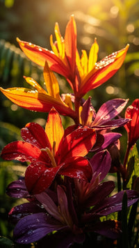 Colorful Flower Garden With Red And Yellow Flowers In Full Bloom Set Against A Backdrop Of Sunlight Filtering Through Leaves — Stock Photo
