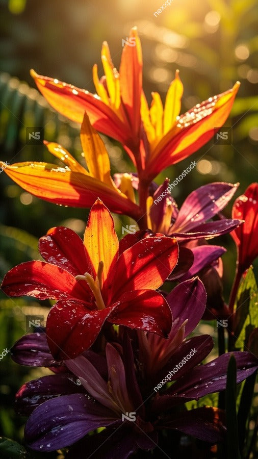 Colorful Flower Garden With Red And Yellow Flowers In Full Bloom Set Against A Backdrop Of Sunlight Filtering Through Leaves — Stock Photo