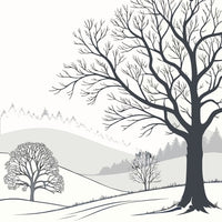 A Solitary Tree Stands Prominently In A Snow Covered Field With A Mountain Range In The Background And A Clear Sky Above — Stock Vector