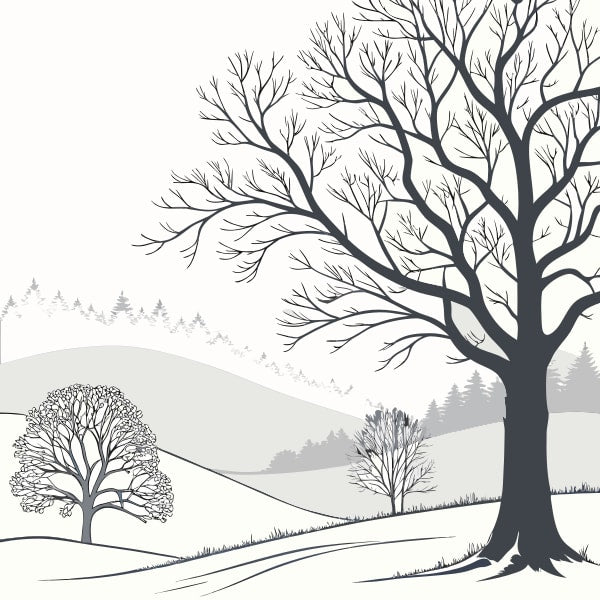 A Solitary Tree Stands Prominently In A Snow Covered Field With A Mountain Range In The Background And A Clear Sky Above — Stock Vector