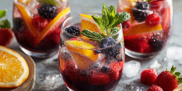 Three Glasses Of Blueberry Mojito Cocktails Garnished With Orange Slices And Mint Leaves On A Table — Stock Photo